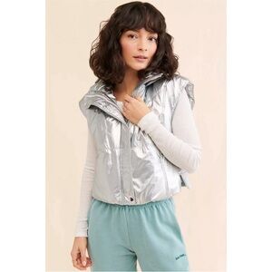 Anthropologie Daily Practice Silver Metallic Hooded Puffer Vest